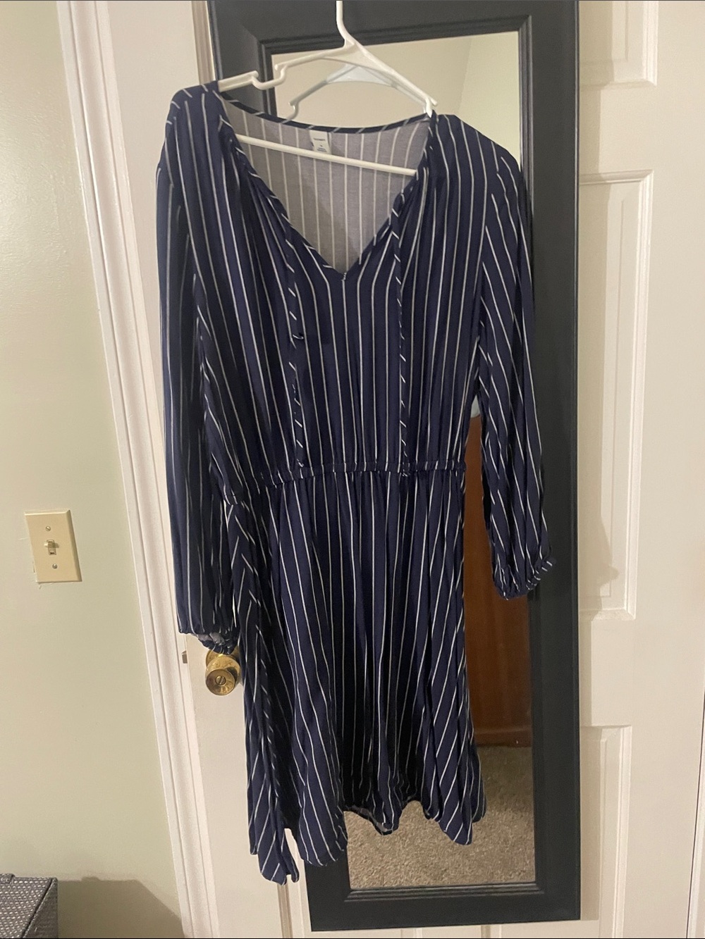 Old Navy Navy and White Striped Long-Sleeve V-Neck Dress